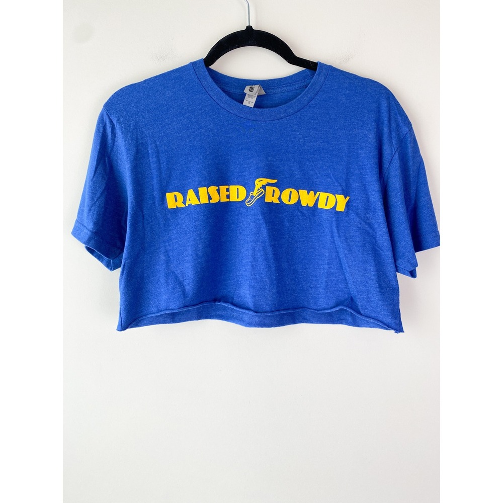Raised Rowdy Womens‎ Graphic Crop Top M Blue Yellow Retro Sporty Western Cowgirl